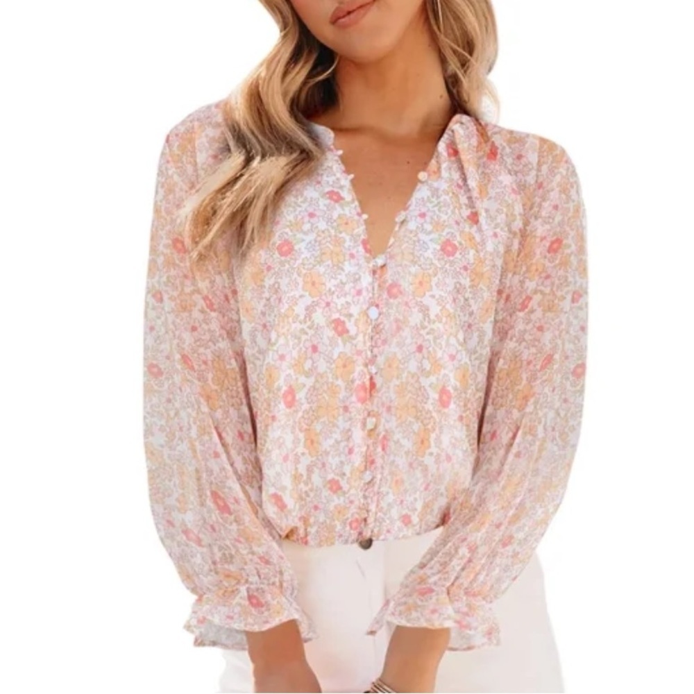 Siliteelon Boho Floral Button-Front Blouse Sz Med